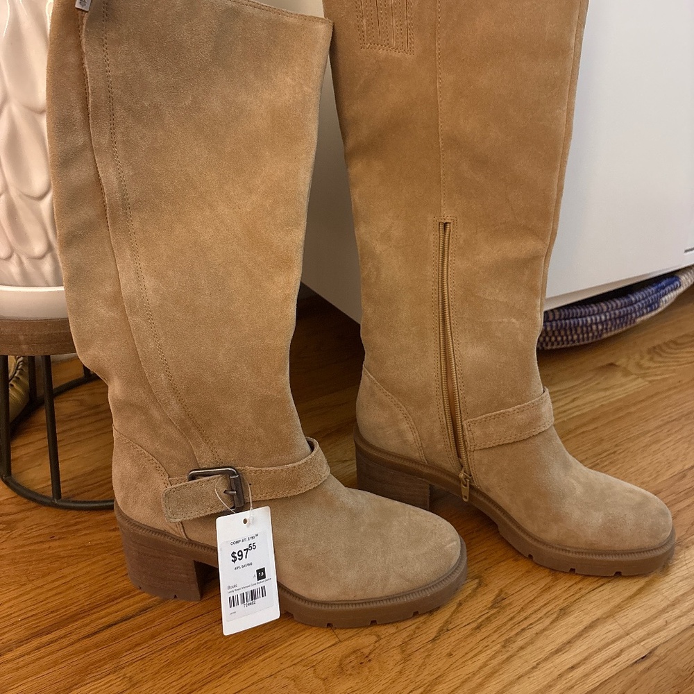 Lucky Brand Suede Knee-High Boots — Tan, Size 7.5, NWT, Chunky Heel